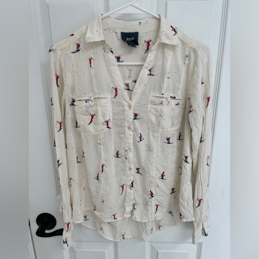 Maeve Anthropologie Skiers Pattern Off White Button Down Collared Shirt Size 0 - Picture 2 of 8